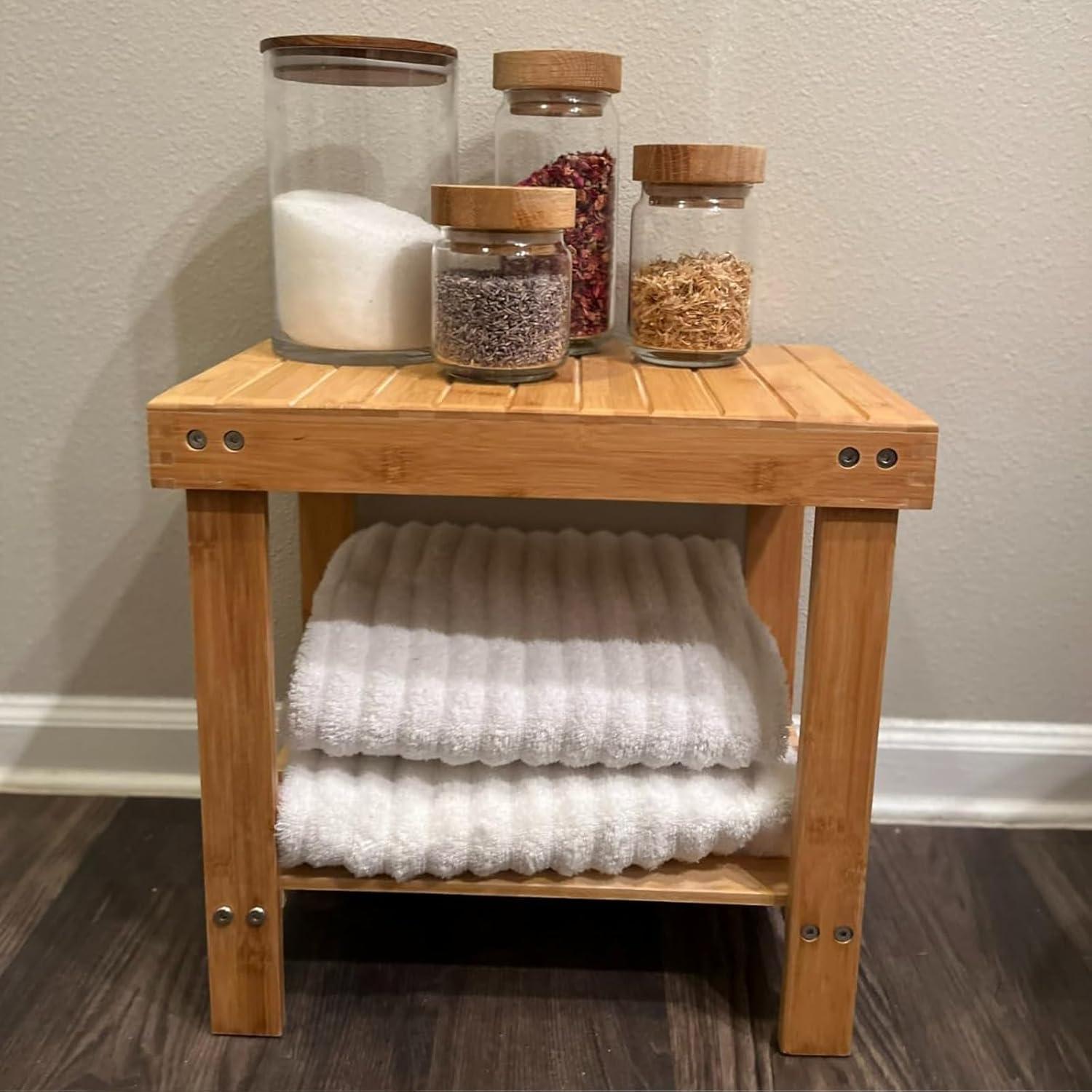 2 Pack Bamboo Step Stool, Bamboo Shower Bench, Bamboo Foot Stool, Bamboo Seat Stool for Home, Garden, Living Room, Kitchen, Bathroom, Bedroom