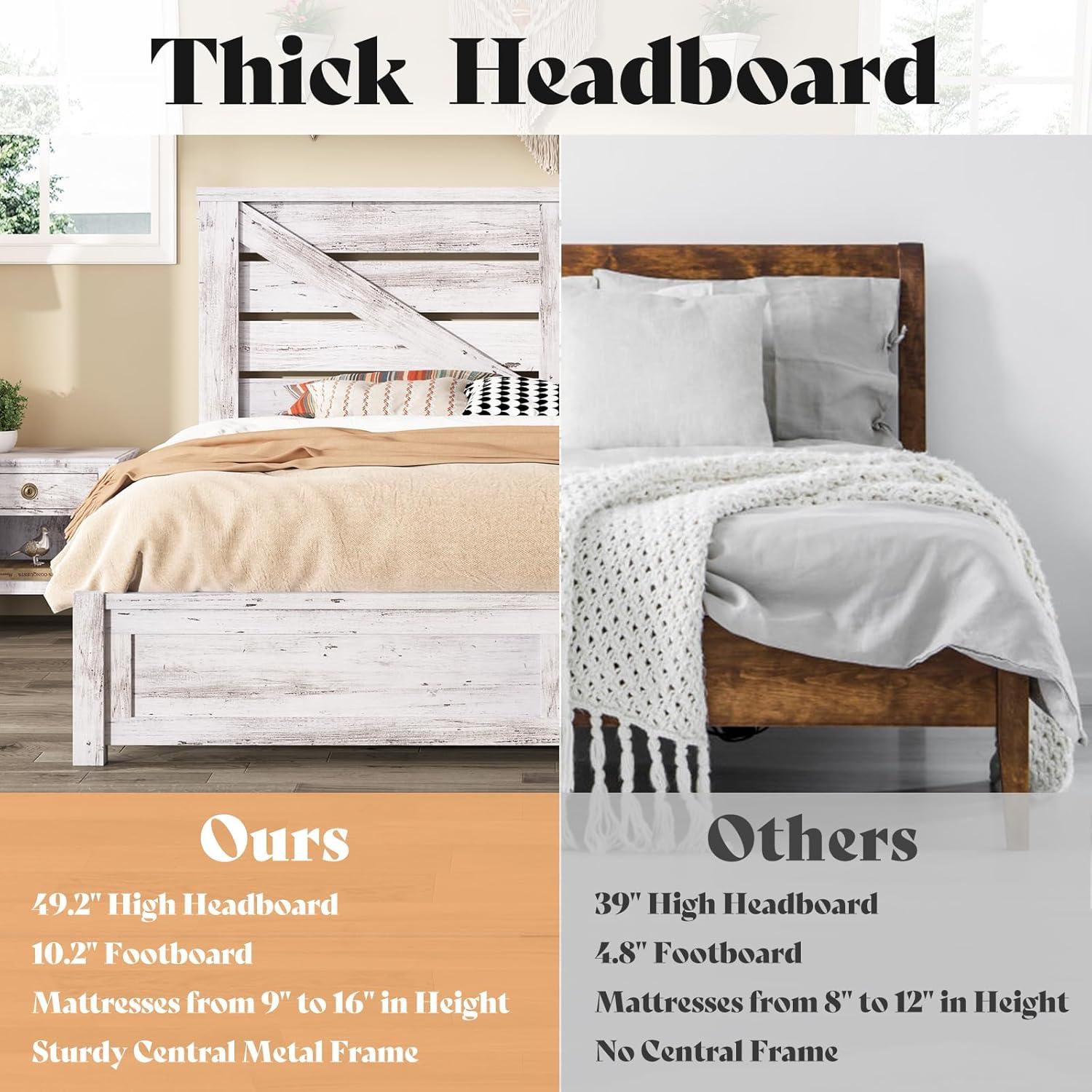 Distressed White Queen Size Wooden Farmhouse Bed Frame with Barn Door Headboard