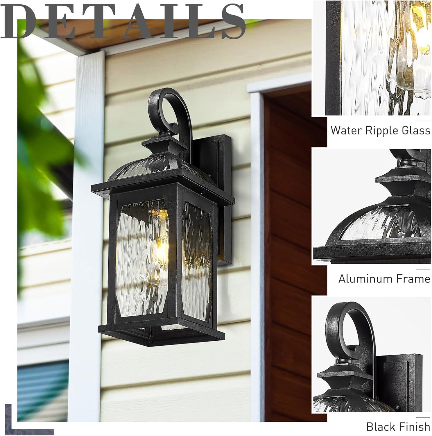 Matte Black Outdoor Wall Sconce with Seeded Glass Shade, Set of 2