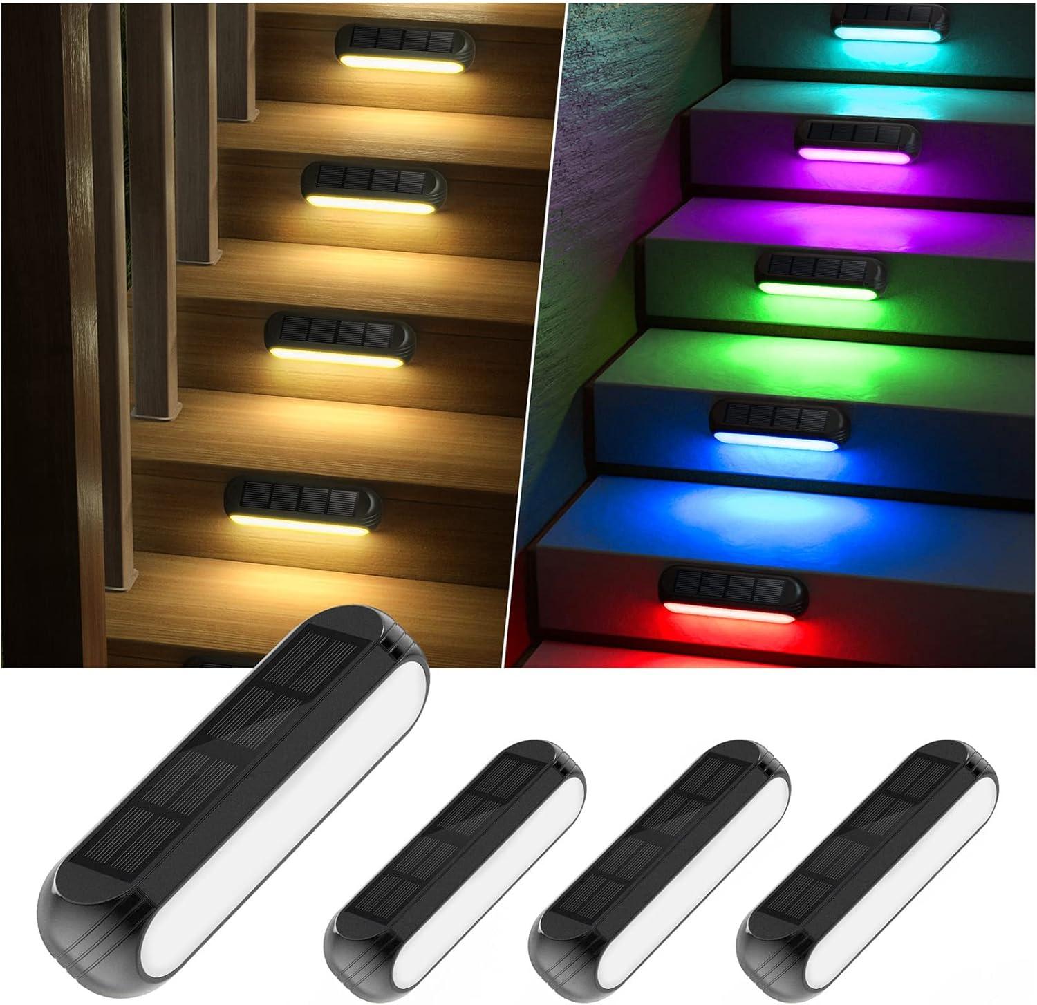 Black Solar Powered LED Deck Lights with RGB and Warm White Modes, 4 Pack