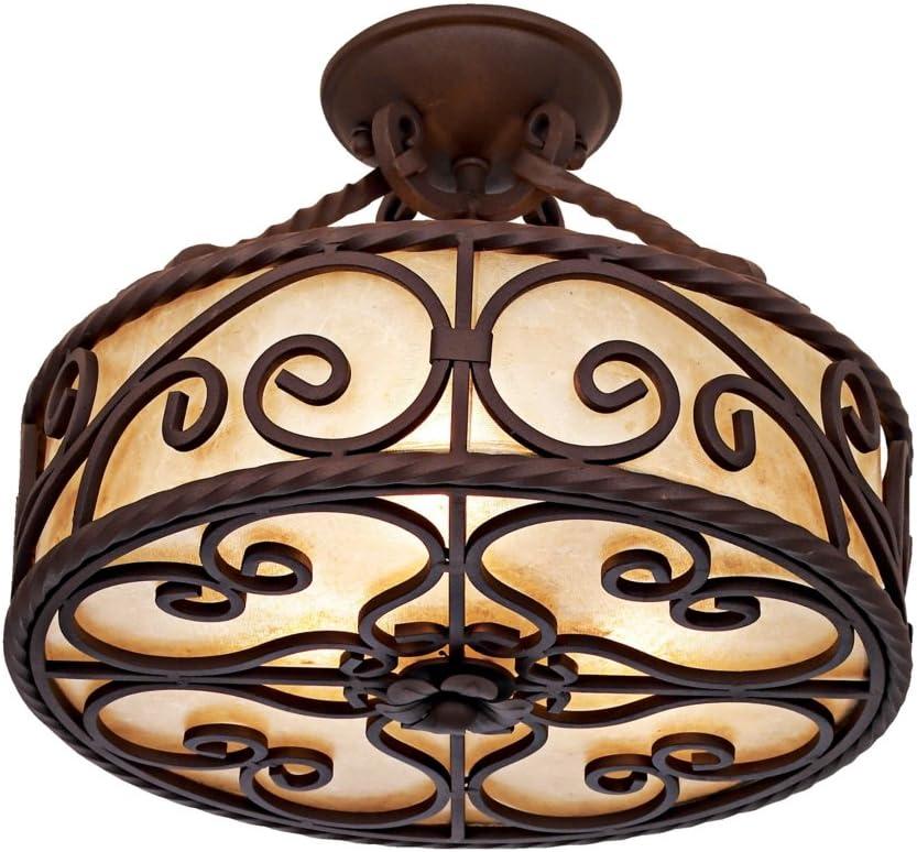 John Timberland Natural Mica Rustic Ceiling Light Semi Flush Mount Fixture 15" Wide Deep Walnut Scroll 3-Light Drum Shade for Bedroom Living Room Home