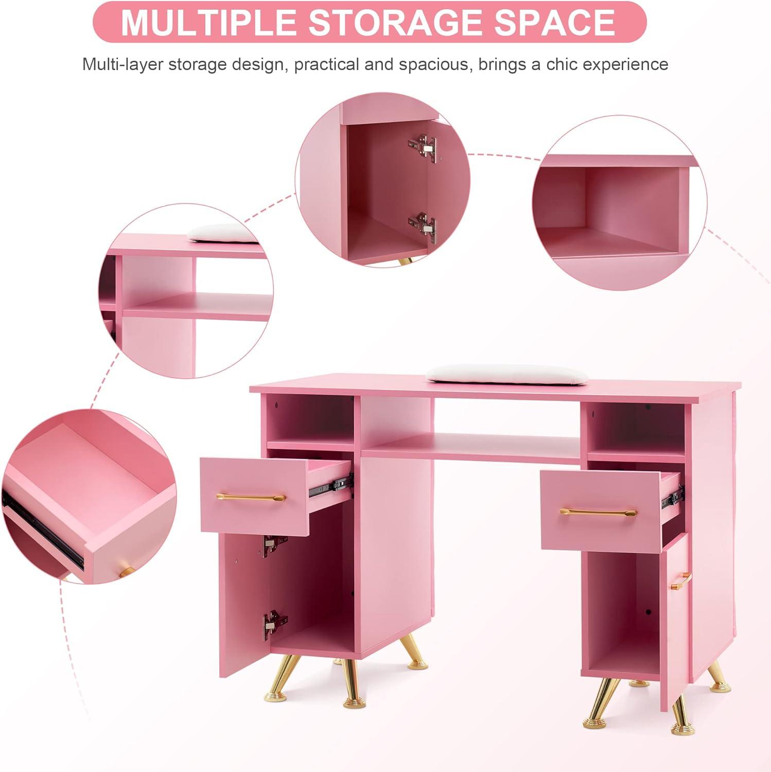 BarberPub Rectangular Manicure Table, Pink Nail Desk Storage Equipment with Drawer, 2671