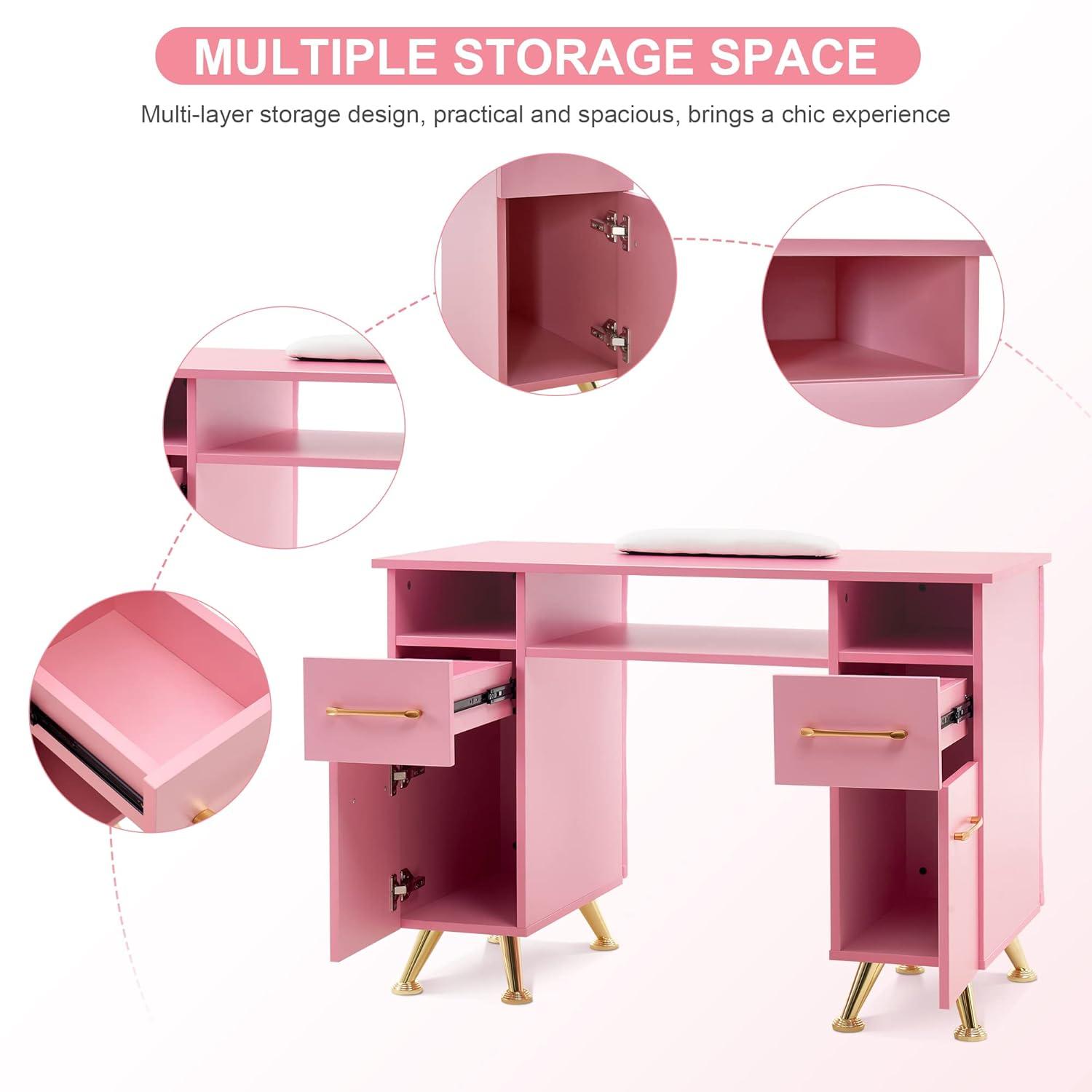 BarberPub Rectangular Manicure Table, Pink Nail Desk Storage Equipment with Drawer, 2671