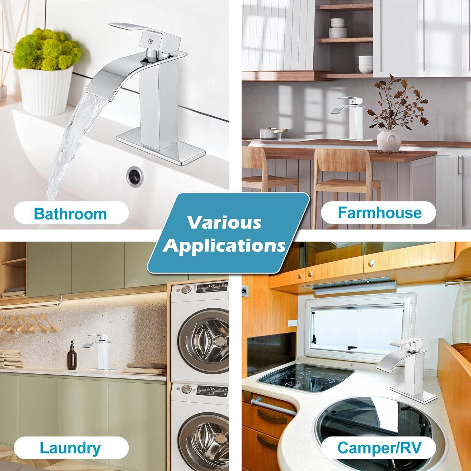 Midanya Waterfall Spout Bathroom Faucet Single Handle 1 Hole Bathroom Sink Faucet,Modern RV Lavatory Vanity Basin Tap with Water Hose,Short Body,Polish Chrome