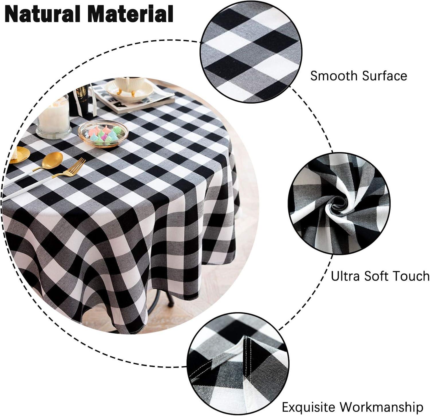 Buffalo Plaid Round Tablecloth Checkered Cotton Linen Table Cover for Kitchen Dining Room Home Decor ( Round - 48 Inch, White & Black )