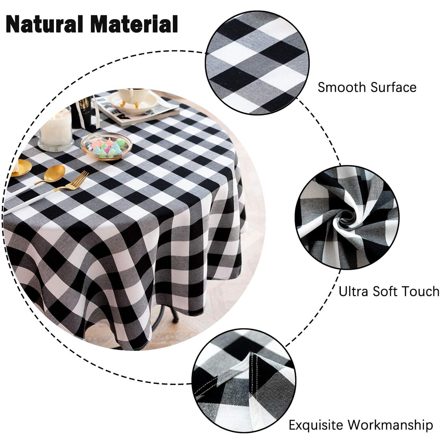 Buffalo Plaid Round Tablecloth Checkered Cotton Linen Table Cover for Kitchen Dining Room Home Decor ( Round - 48 Inch, White & Black )