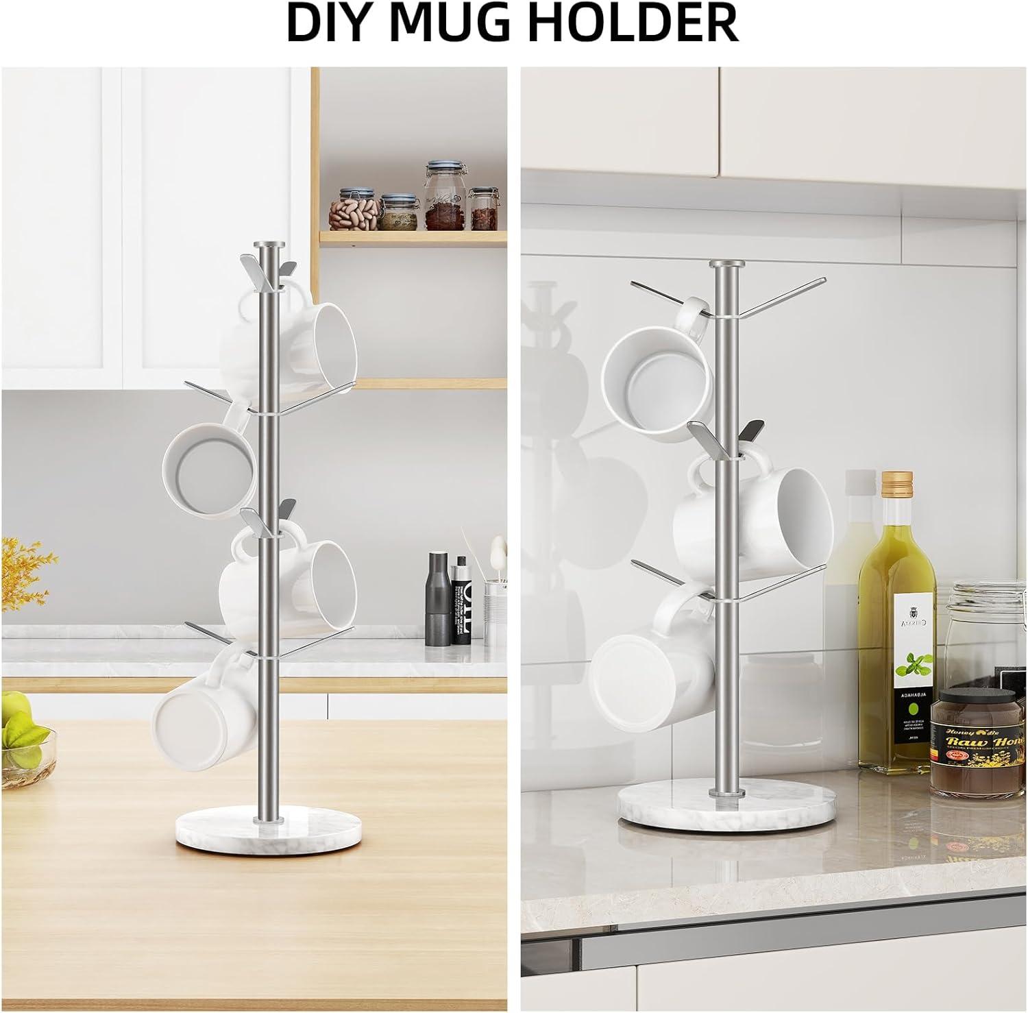 White Marble Base Stainless Steel Mug Holder Tree with 8 Hooks