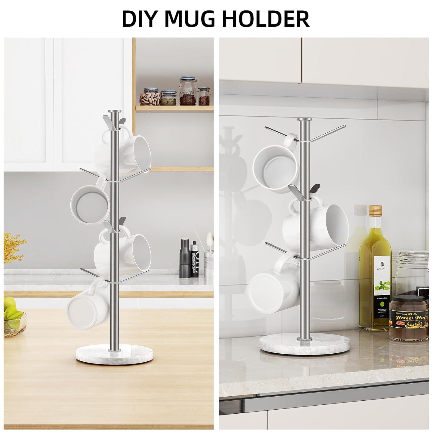 White Marble Base Stainless Steel Mug Holder Tree with 8 Hooks