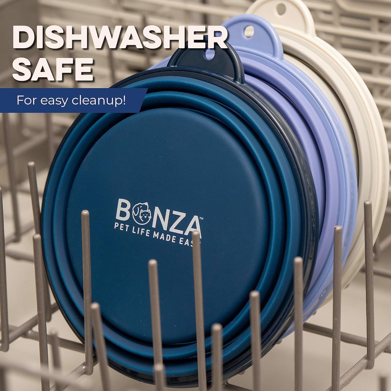 Bonza by Leash Boss Small Collapsible Dog Bowl, Sturdy Reinforced Rim, Includes Carabiner & Water Bottle Holder Keychain, Black