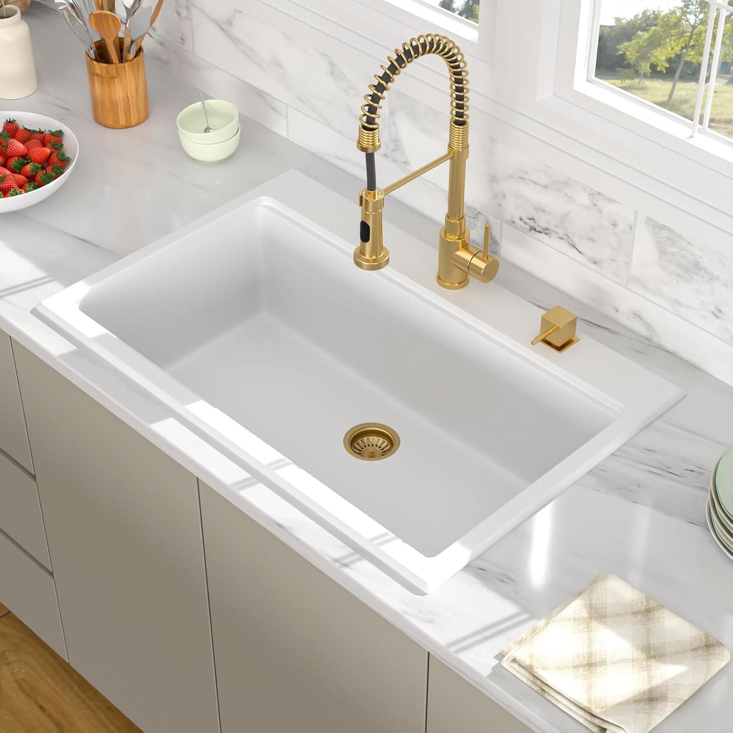 33x22 Inch White Quartz Composite Workstastion Kitchen Sink Drop-in Top-Mount Single Bowl Sink with 2 Faucet Holes