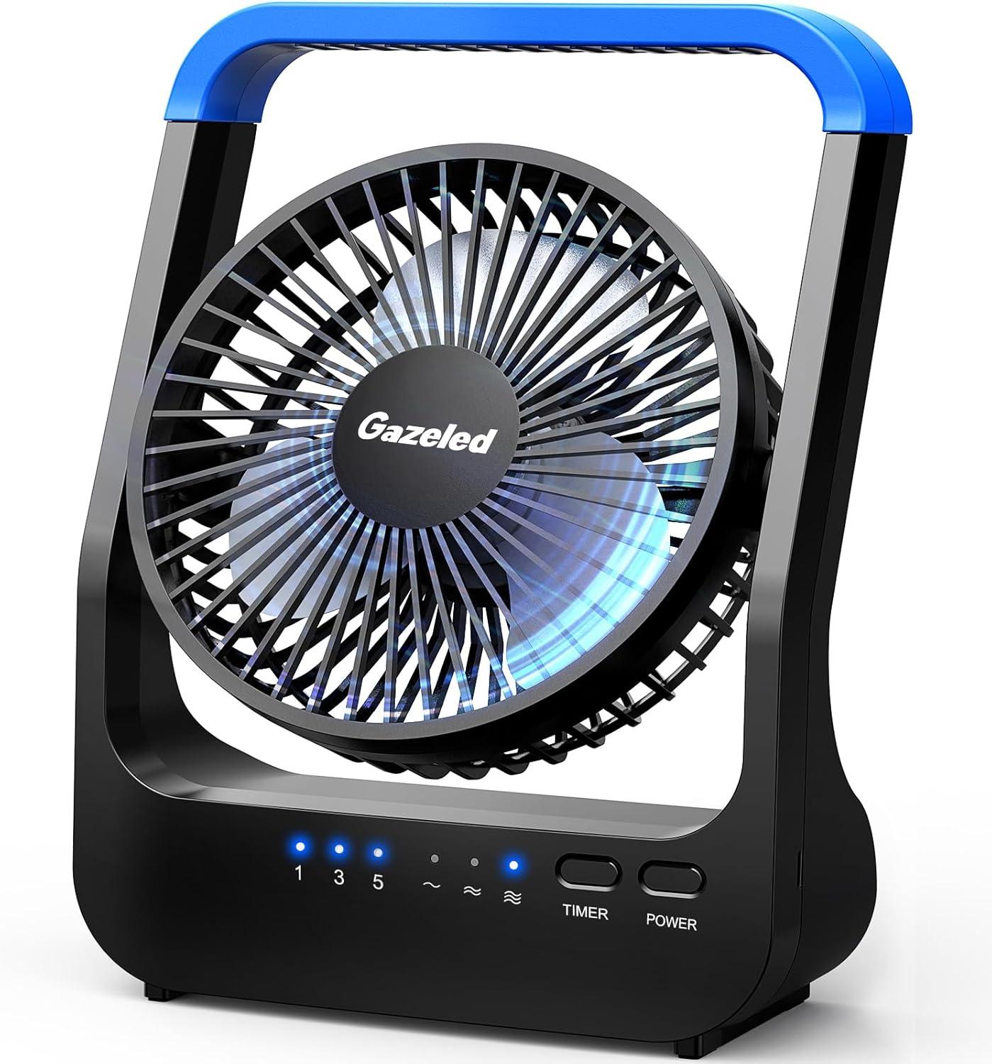 Gazeled Battery Operated Fan,Camping Fan, Super Long Lasting, Portable D-Cell Battery Powered Desk Fan with Timer,3 Speeds, Quiet, 180° Rotation,Cooling Fan for Bedroom,Home,Office,Outdoor, 5'',Blue