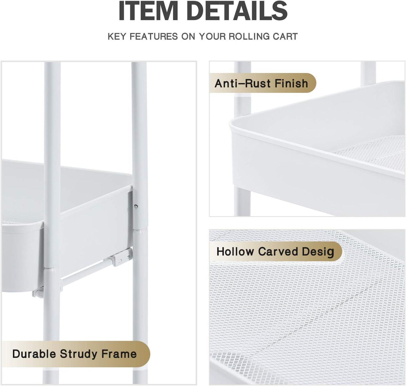 White 3-Tier Carbon Steel Rolling Utility Cart with Locking Wheels