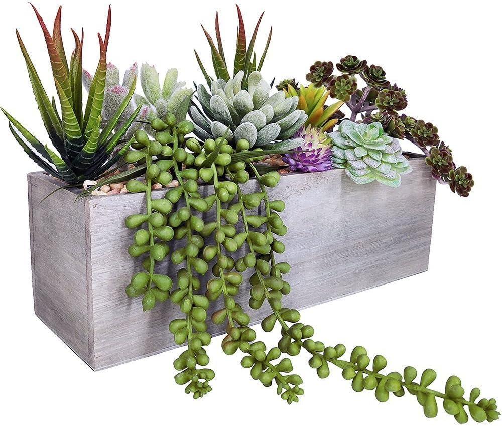 Artificial Succulent Arrangement in Rectangular Wooden Planter