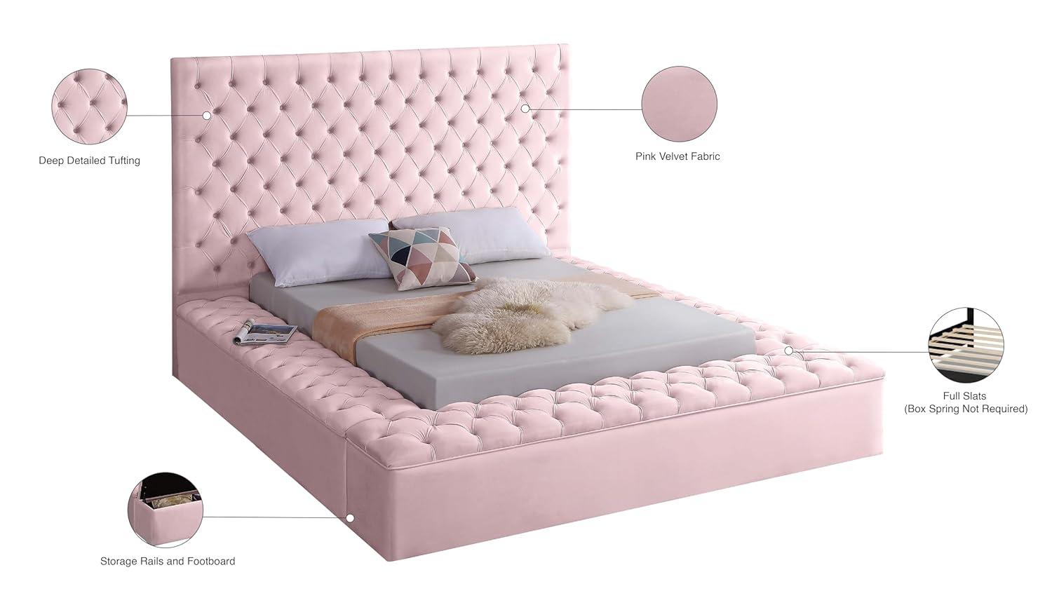 Meridian Furniture Bliss Modern Wood Storage Platform Bed, Queen, Pink