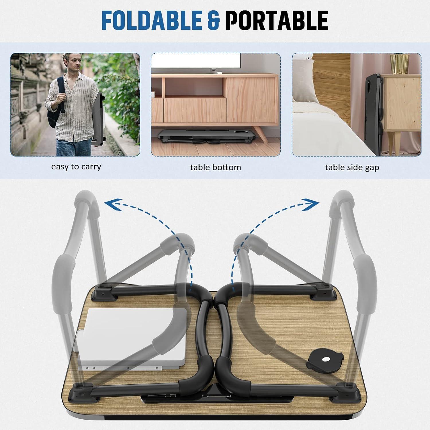 Foldable Laptop Bed Table Multi-function Lap Bed Tray Table with Storage Drawer and Water Bottle Holder, Serving Tray Dining Table with Slot for Eating, Working on Bed/Couch/Sofa (Arc shape)