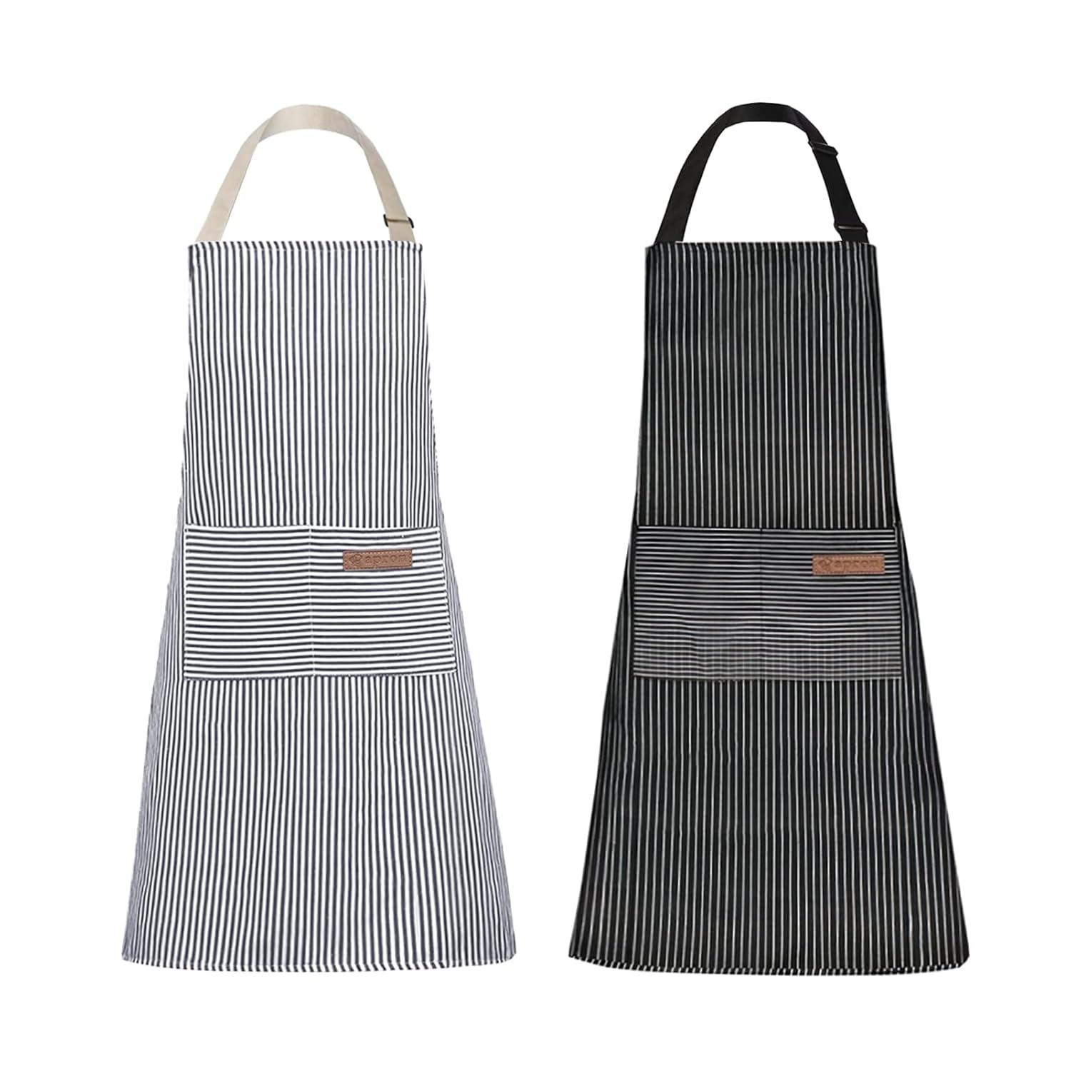 Tosewever 2 Pieces Kitchen Cooking Aprons, Cotton Polyester Blend Adjustable Bib Aprons with 2 Pockets for Women Men Chef Chef (Navy/Black Stripes, 2)