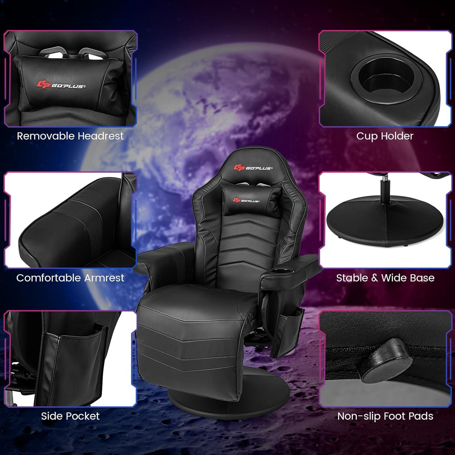POWERSTONE Gaming Recliner Massage Gaming Chair with Footrest Ergonomic PU Leather Single Sofa with Cup Holder Headrest and Side Pouch, Adjustable Living Room Chair Seating, Black