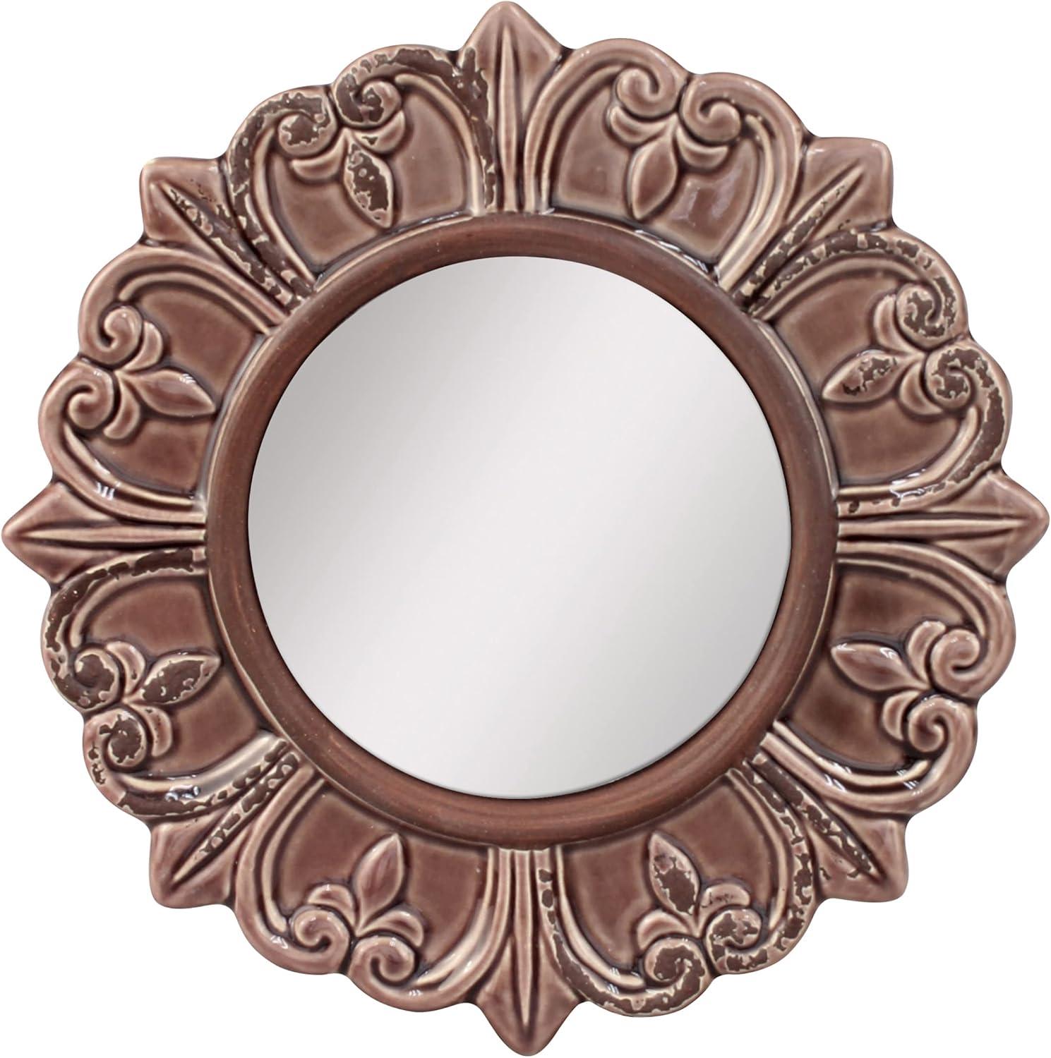 Elegant Parisian Fleur de Lis 9" Round Ceramic Wall Mirror in Warm Taupe