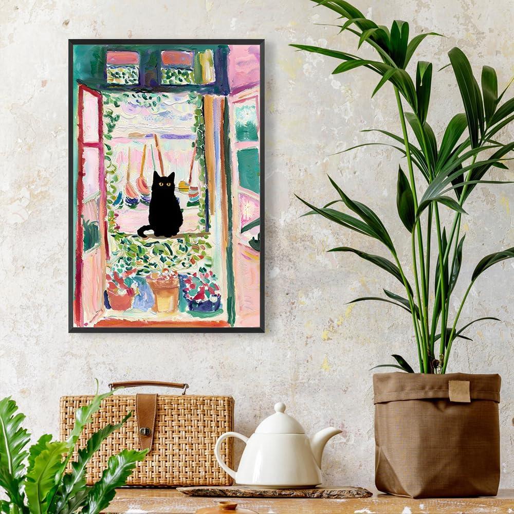 Henri Matisse Oil Paintings on Canvas Wall Art Matisse Famous Open Window Black Cat Poster Funny Cat Floral Print Colorful Farmhouse Gallery Aesthetic Room Decor for Bedroom Bathroom 12x16in Unframed