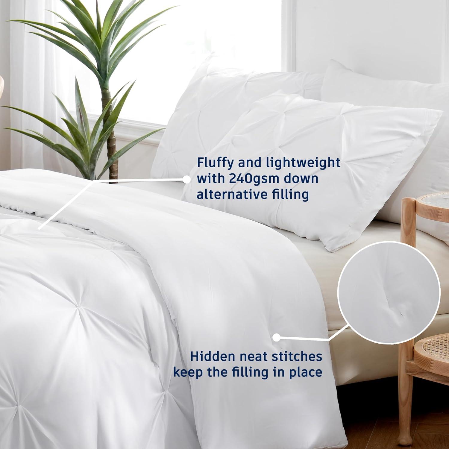 Nestl 3 Piece Pinch Pleated Duvet Cover Set, Queen Size Double Brushed Pintuck Duvet Cover with Button Closure, White