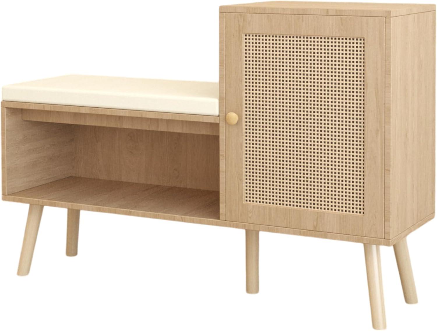 Natural Rattan Wood Shoe Storage Bench with Removable Cushion