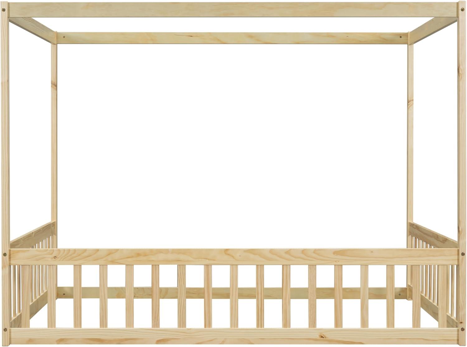 Canopy Frame Twin Size Floor Bed for Kids Bedroom,Wood Bed Frame with Fence for Boys/Girls/Teens,No Box Spring Needed,Natural