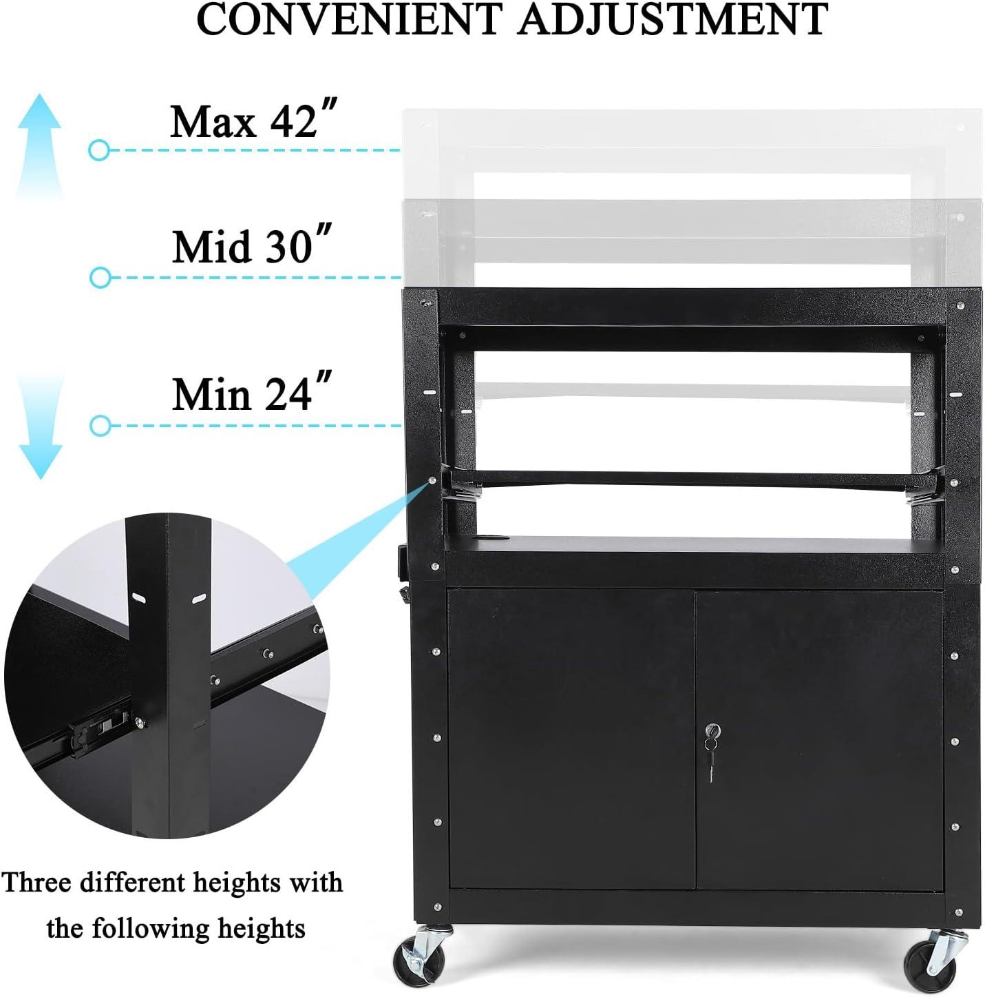 Black Adjustable AV Cart with Locking Cabinet and Pullout Tray