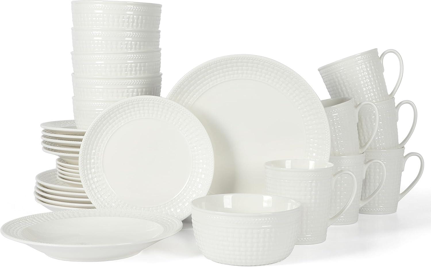 Martha Stewart 30 Piece Basket Weave New Bone China Embossed Porcelain Dinnerware Set