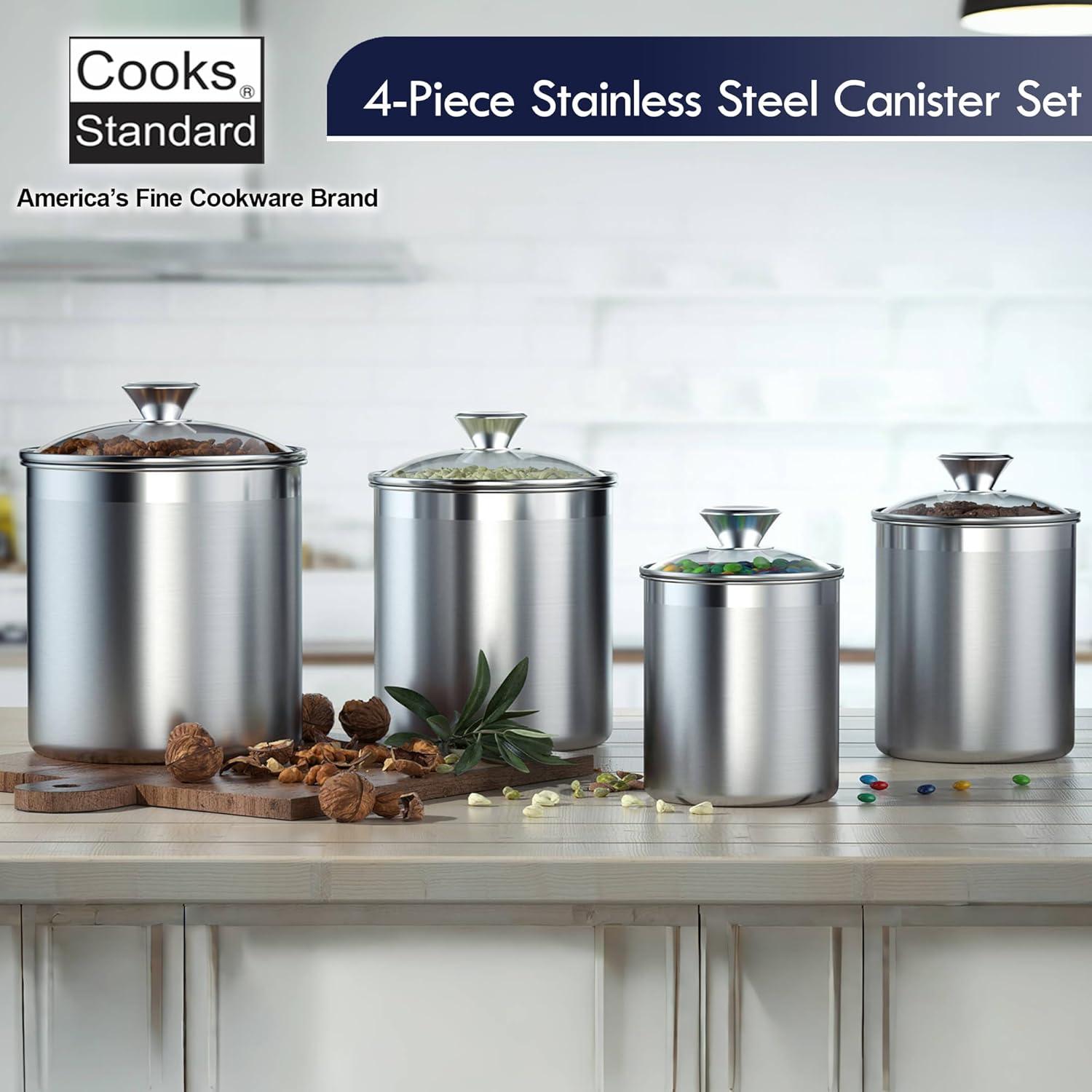 Cooks Standard Stainless Steel Food Jar Storage Canister Set Large 4-Piece, 1.6qt/2.5qt/3.5qt /5qt Airtight Containers with Glass Lid for Tea Coffee Sugar Flour Pantry Kitchen Counter