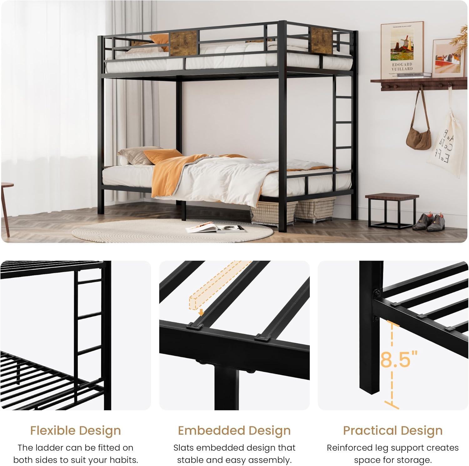 Twin Over Twin Black Metal Bunk Bed with Ladder and Guardrail