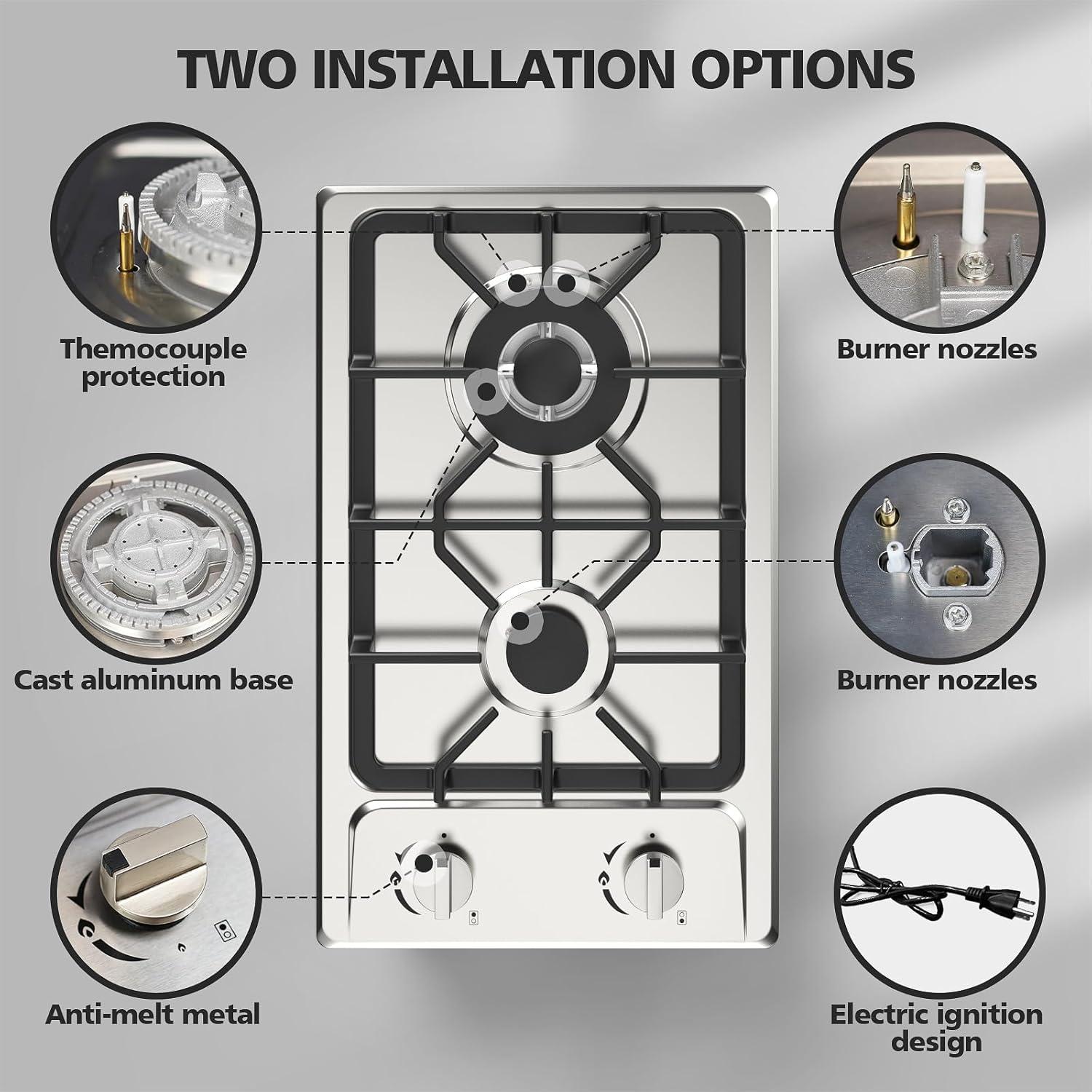 Stainless Steel 2 Burner Propane Gas Cooktop with Ceramic Surface