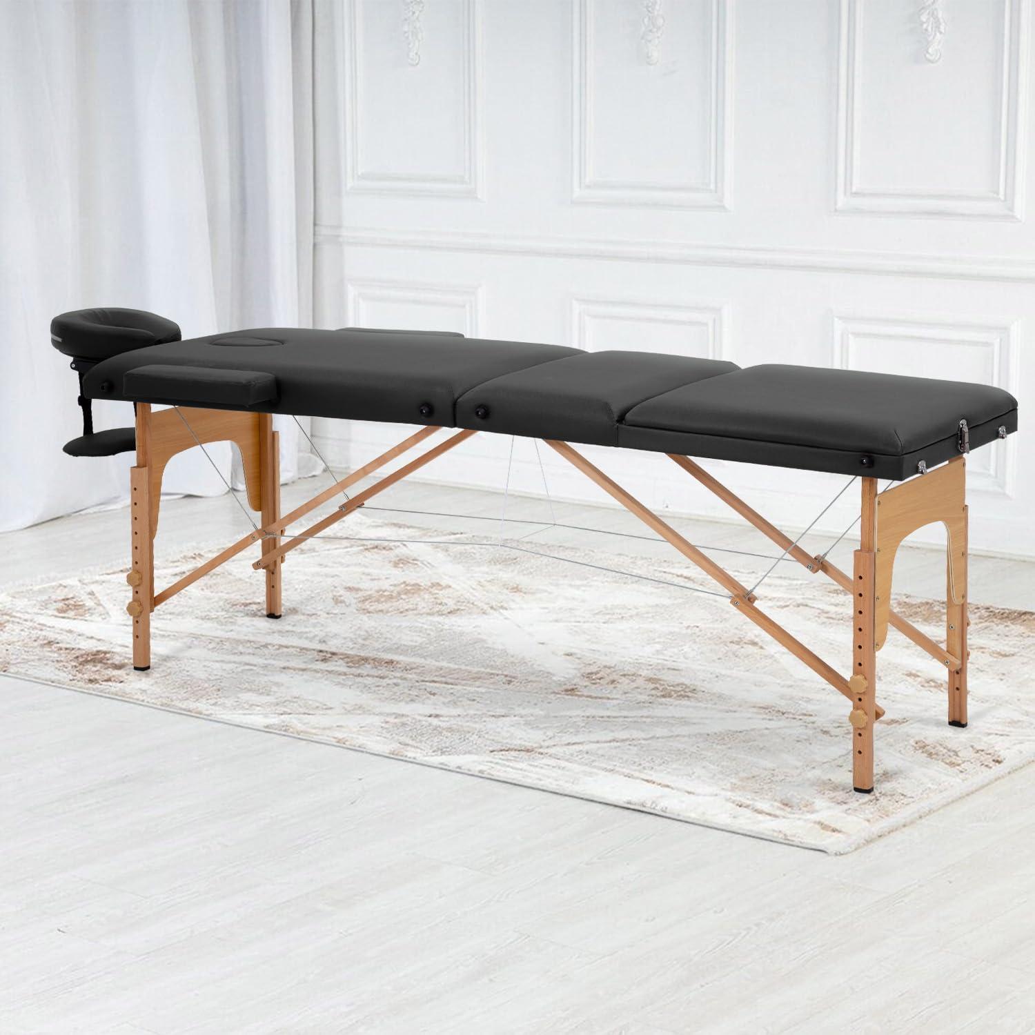 FDW Massage Table Massage Bed 3 Fold Portable 73" L x 32" W Height Adjustable Lightweight Spa Table Facial Cradle Bed with Carry Case