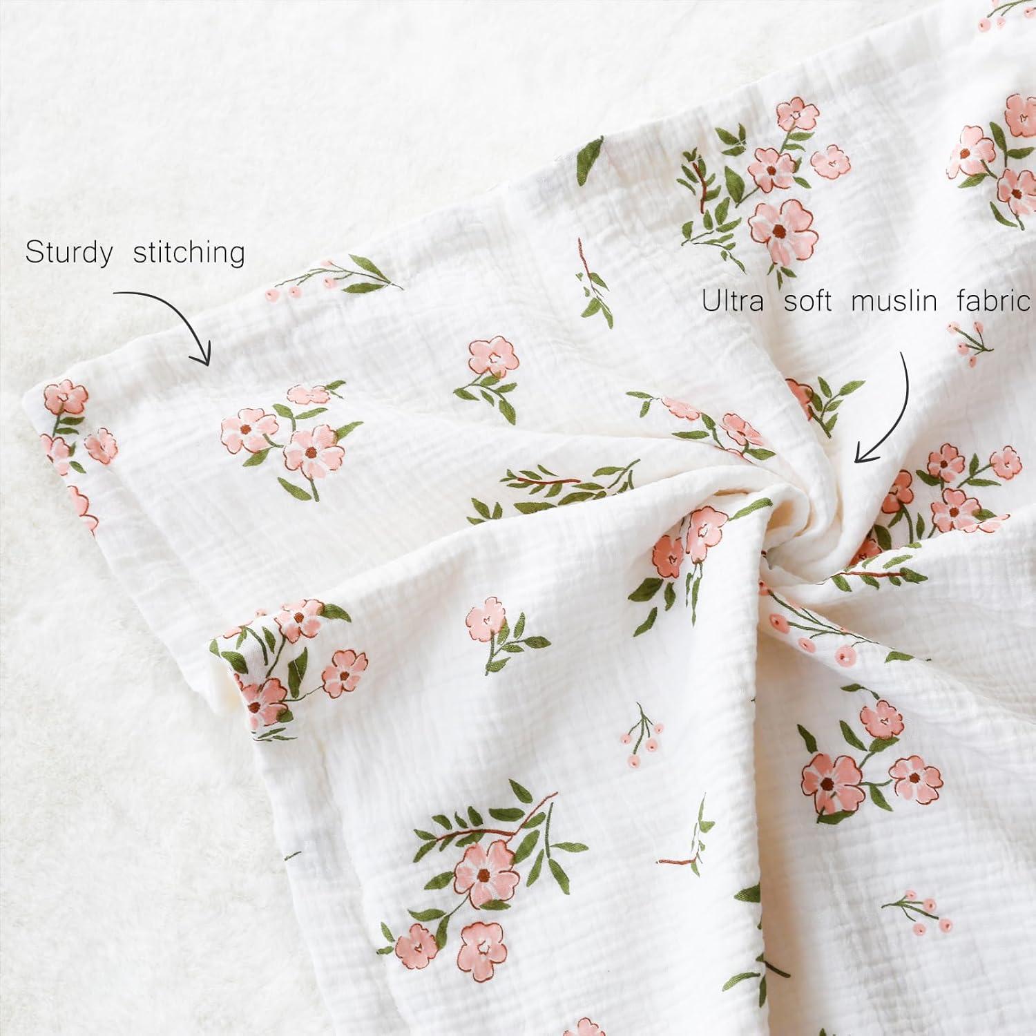 BOPRIO Muslin Baby Blankets for Girls Super Soft Nursery Minky Blankets with Breathable Muslin Cotton Front and 3D Touch Dotted Fleece Backing, Pink Floral Printed Bed Throws Newborn 30 x 40 Inch