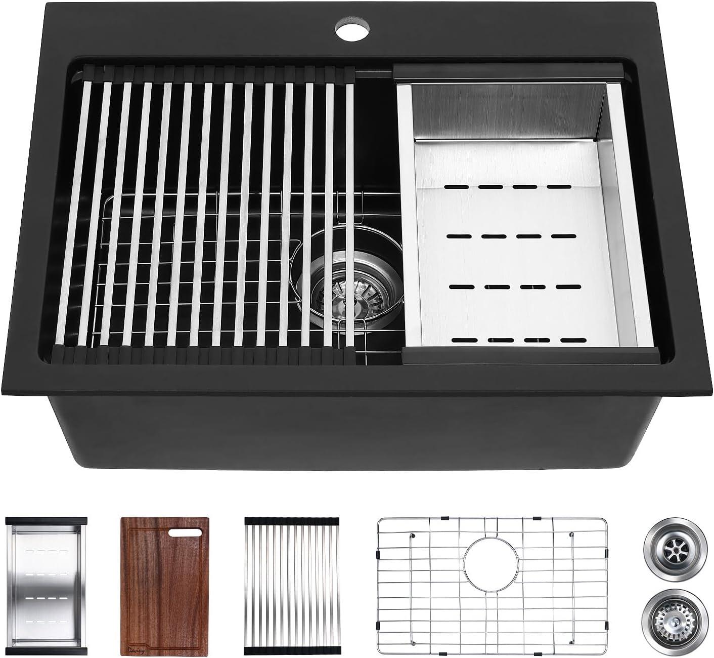 Davivy 33 Inch Black Granite Composite Kitchen Sink Workstation, 33 X 22 Quartz Composite Dual Mount Sink, Matte Black Composite Single Bowl Sink