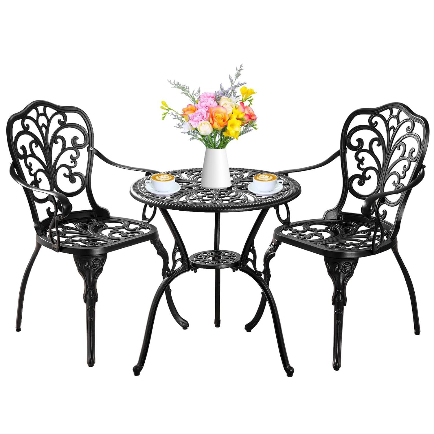 PATIO-IN 3 Piece Bistro Set Cast Aluminum Bistro Table and Chairs Set of 2 with Umbrella Hole,Patio Furniture Sets for Front Porch,Garden