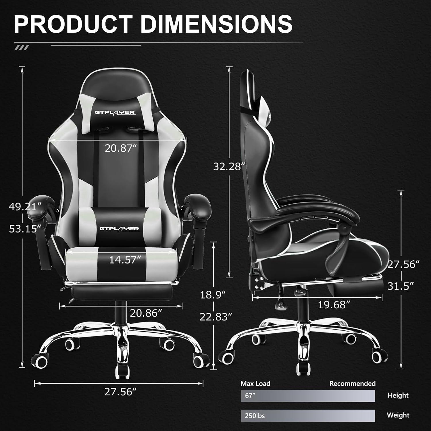 White and Black Ergonomic Gaming Chair with Footrest and Lumbar Support