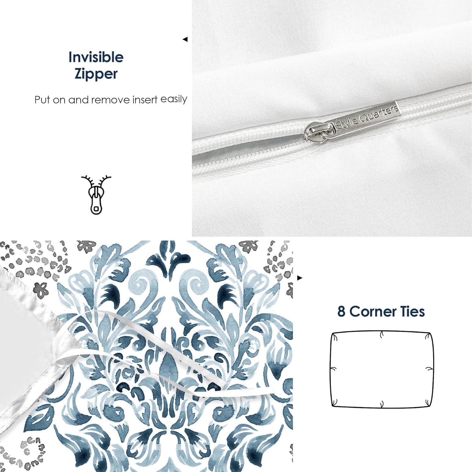 Blue and White Damask Queen Size Microfiber Duvet Cover Set