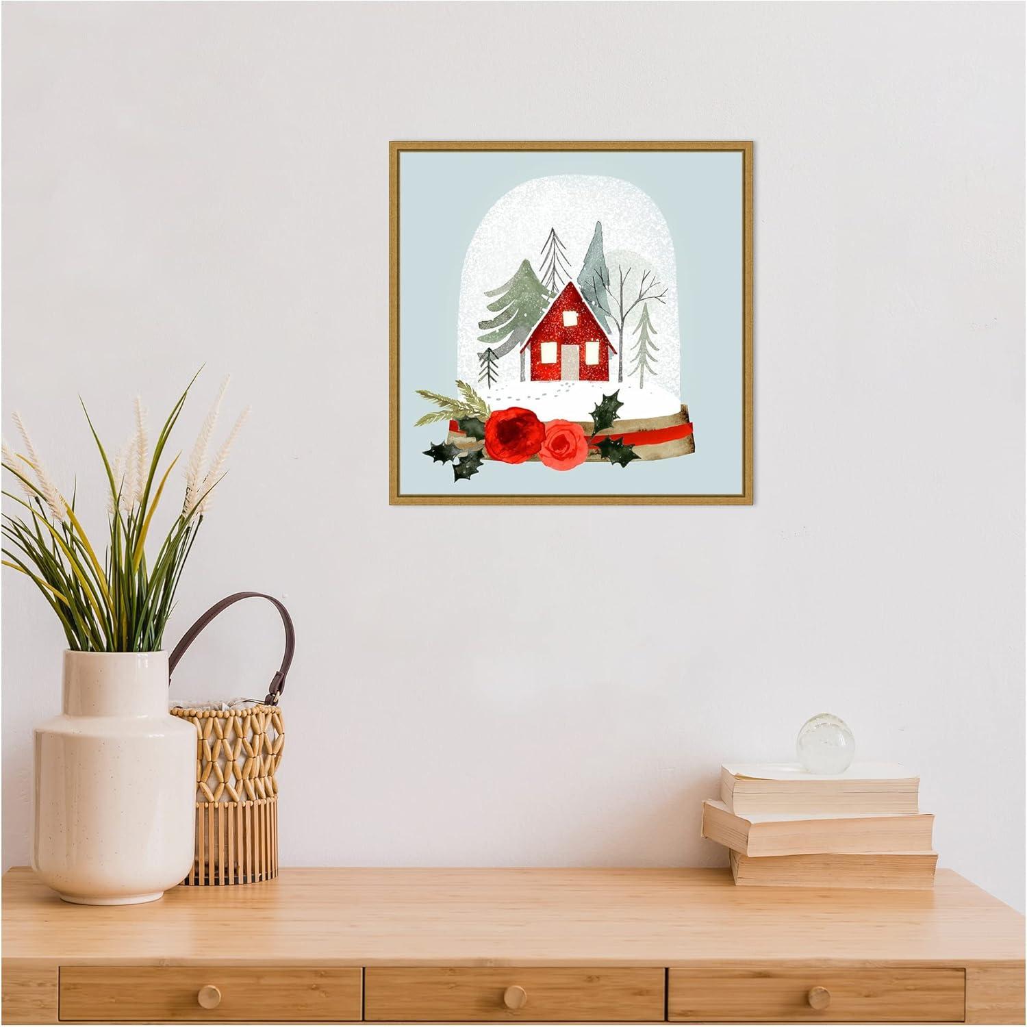 Small Red Cottage Snow Globe Canvas Print with Gold Frame