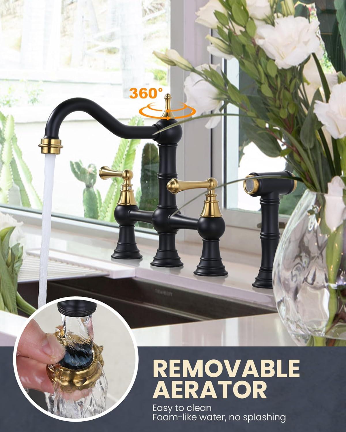 WOWOW Double Handle Bridge Kitchen Faucet with Side Sprayer in Gold and Black