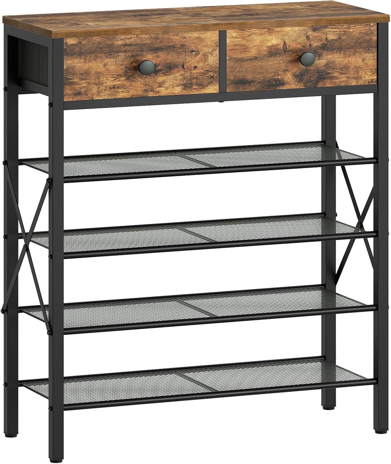 VASAGLE 5 Tier Shoe Rack for Entryway - Industrial Style Shoe Storage Organizer for 16-20 Pairs - Sturdy Wooden Top, Steel Frame - Rustic Brown/Black