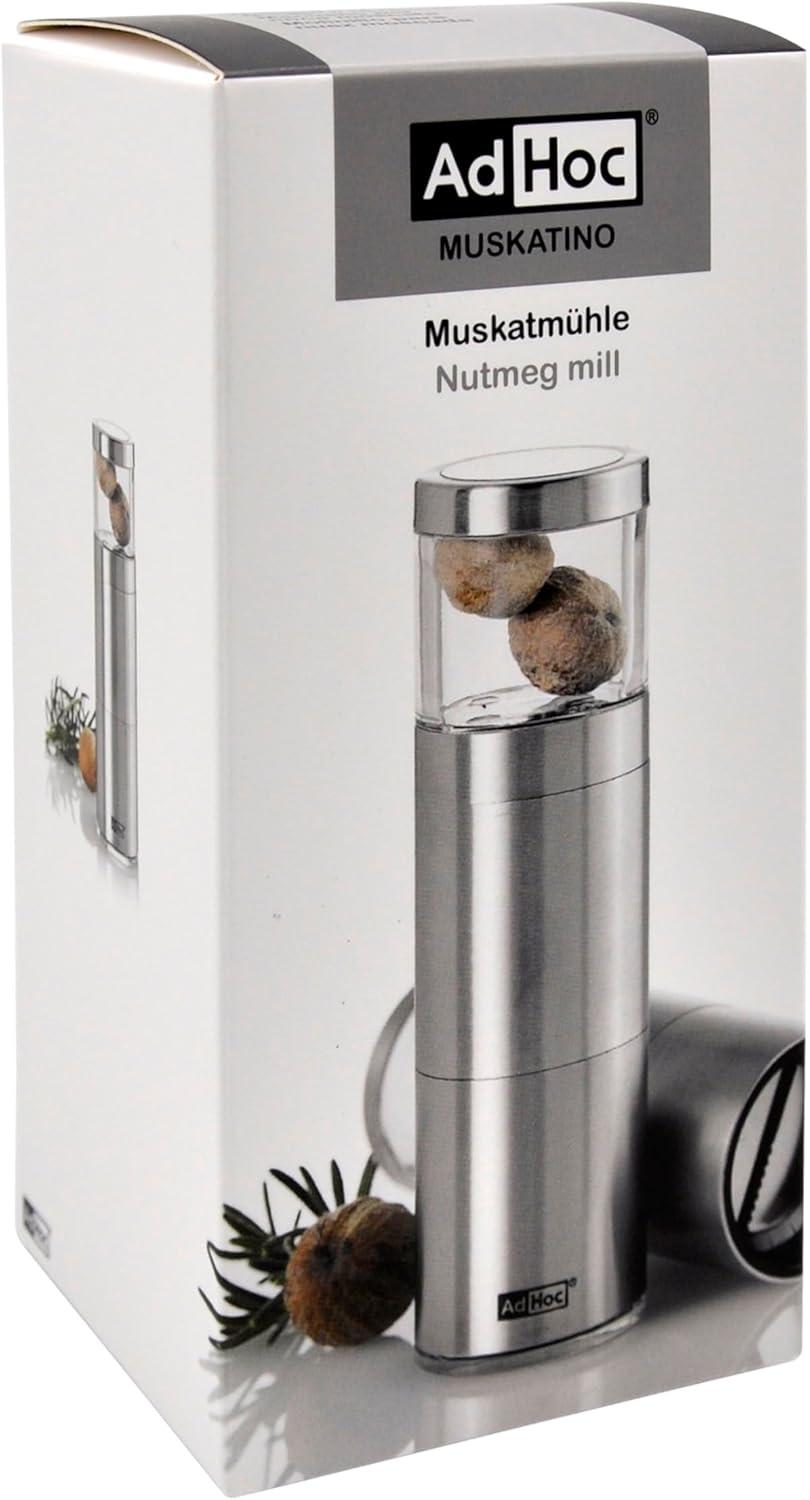 Adhoc Slim Profile Muskatino Nutmeg Mill & Spice Grinder with Ceracut & Storage Container,  Stainless Steel 5"