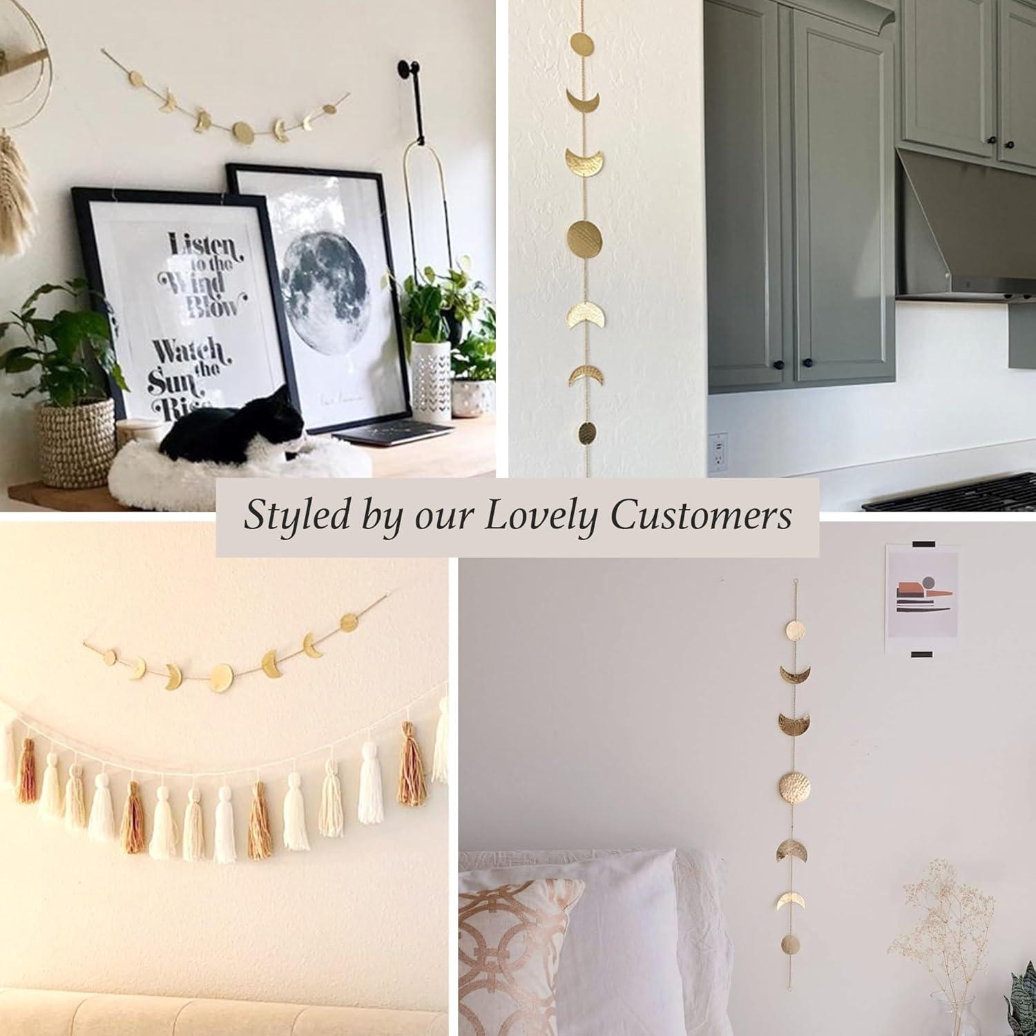 Elegant Bohemian Aesthetic, Moon Phase Wall Decor With Glowing Phases, Handmade Hammered Gold Metal Vertical Wall Art For Shelves, Bedside Tables, Mirrors
