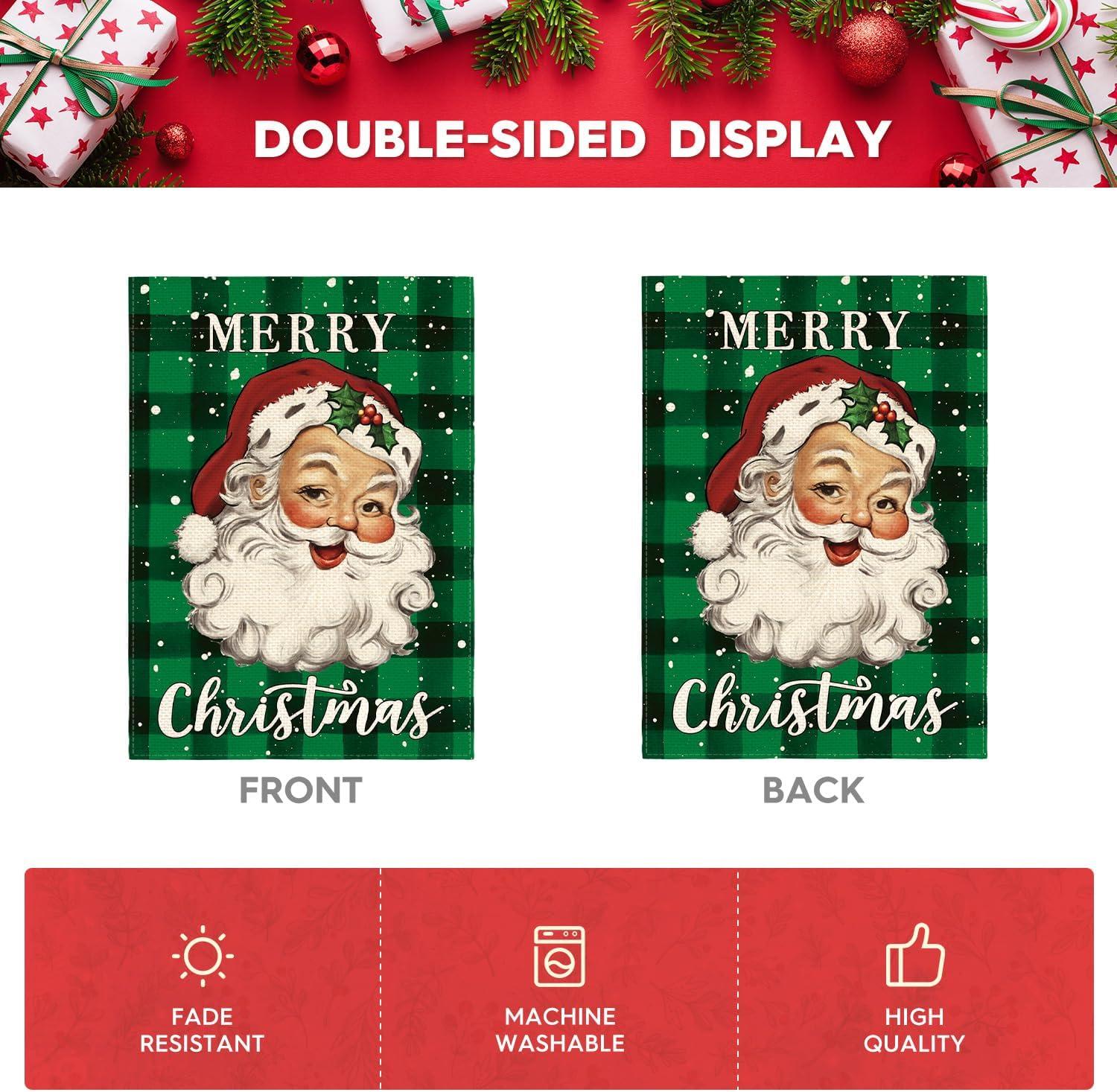 PHYHOO  Merry Christmas Santa Claus Garden Flag Double Sided, Watercolor Buffalo Plaid Winter Holiday Yard Outdoor Decorative Flag White