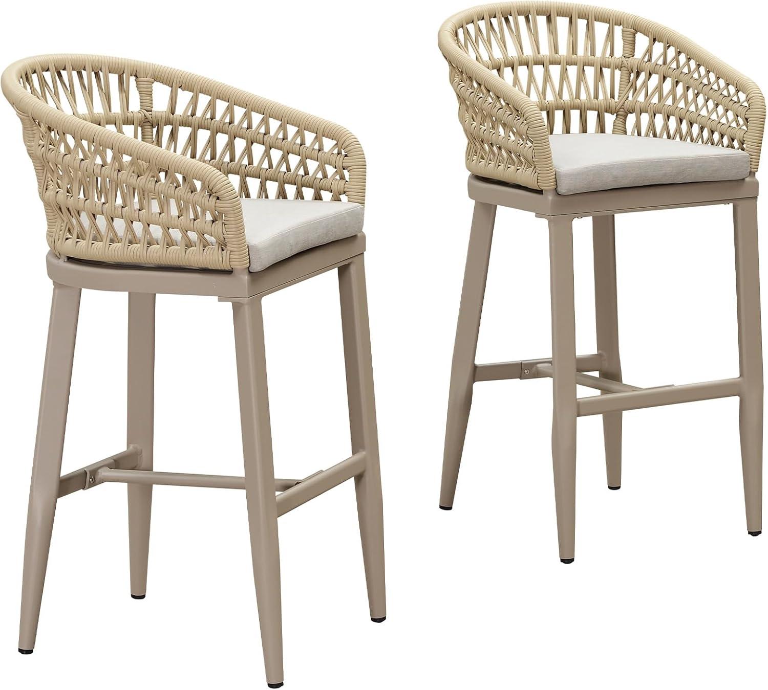 Champagne Aluminum and Rattan Bar Stools with Cushions, Set of 2