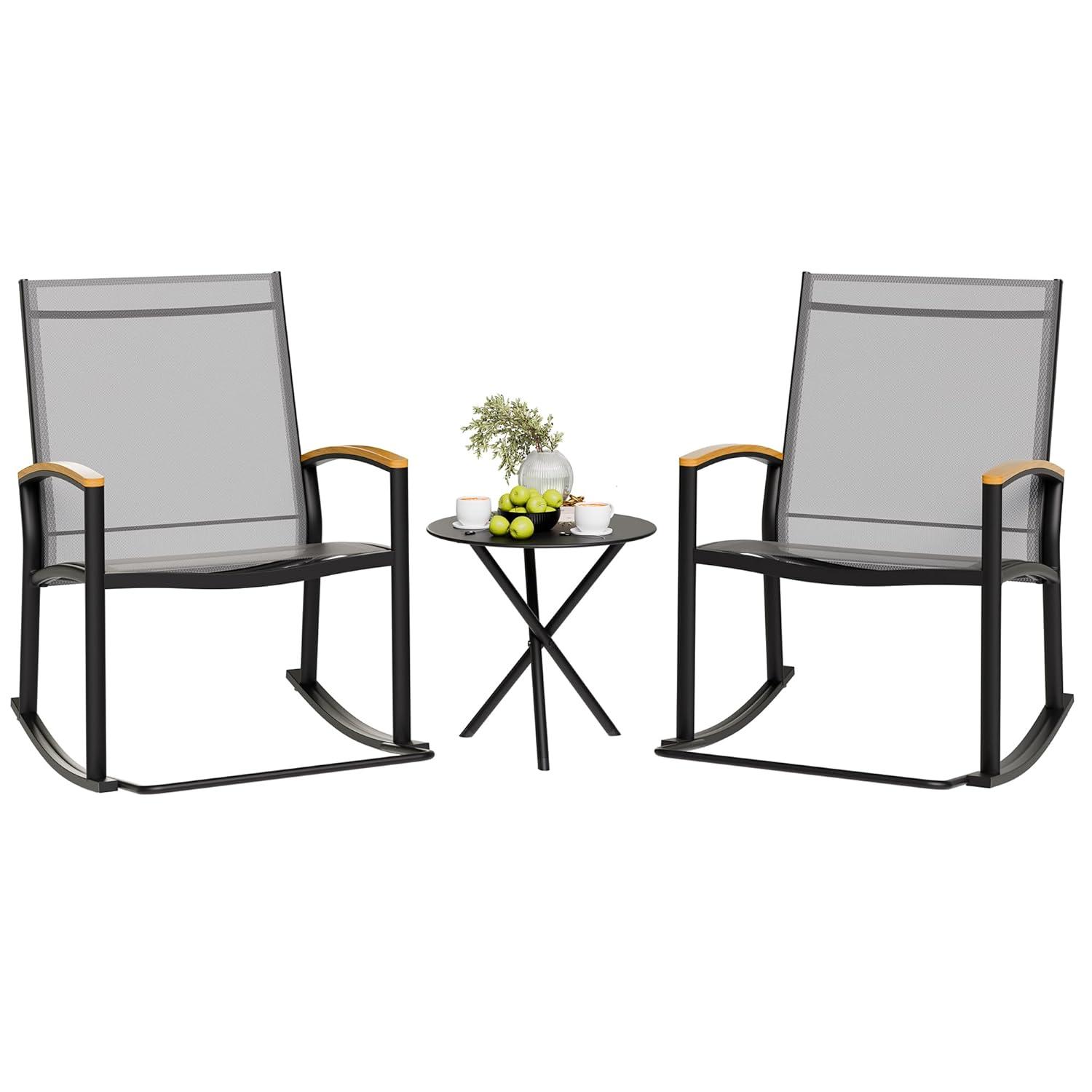 3 Piece Outdoor Rocking Bistro Set, Textilene Fabric Small Patio Furniture Set, Front Porch Rocker Chairs Conversation Set with Table for Lawn, Garden, Balcony, Poolside (Light Gray)
