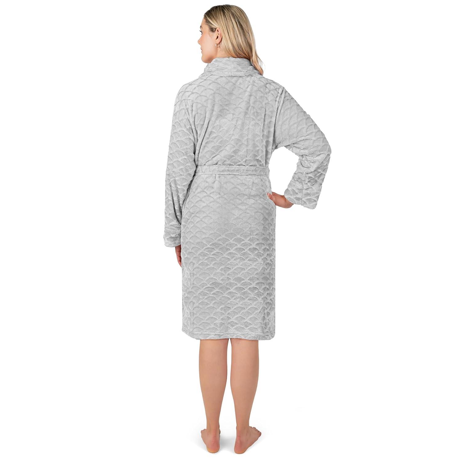 PAVILIA Short Robes for Women, Plush Soft Bathrobe Womens Lightweight, Fluffy Fuzzy Robe Knee Length, Shower Spa (Light Grey, Small-Medium)