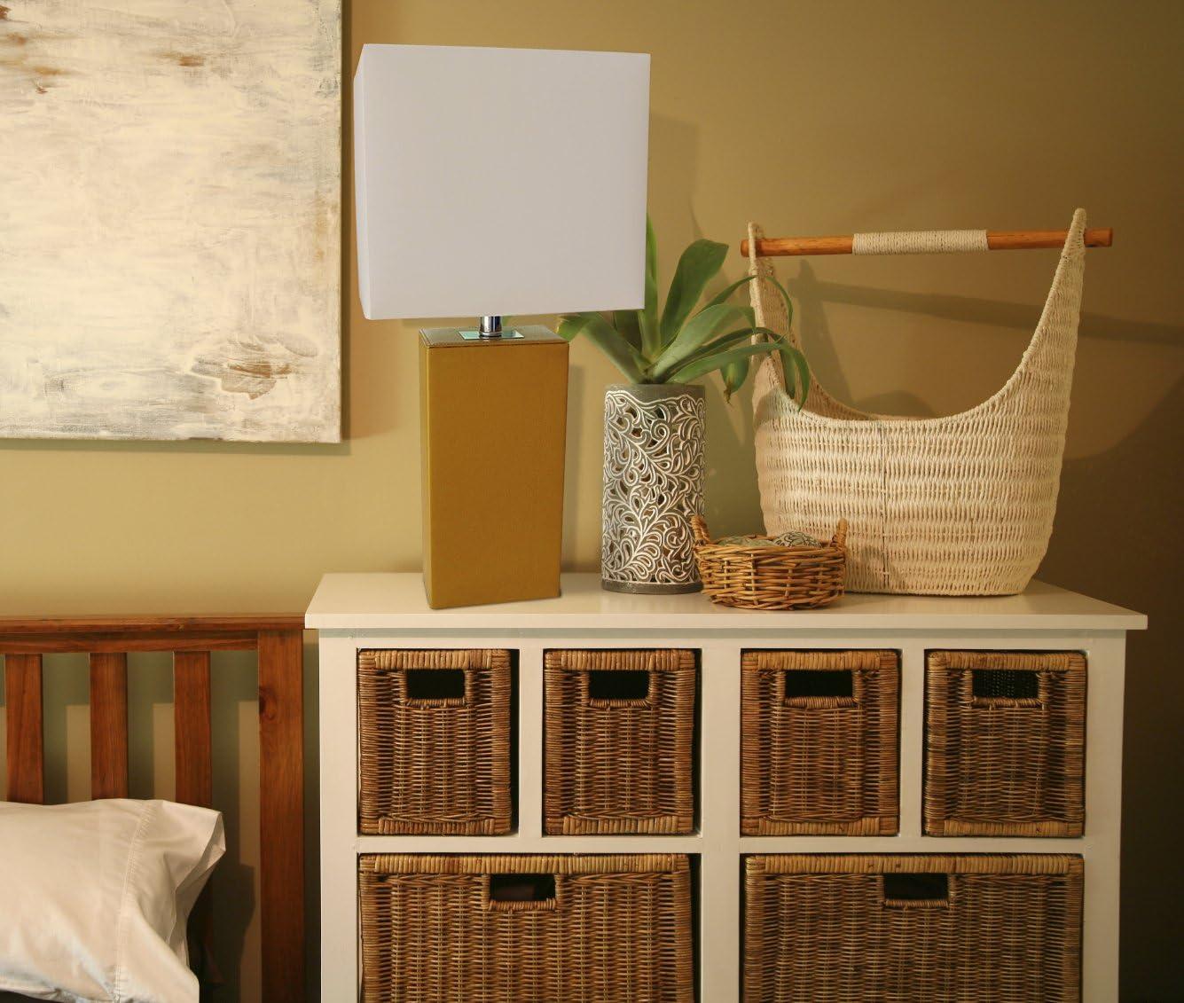 Tan Leather Wrapped Table Lamp with White Shade and LED Bulb