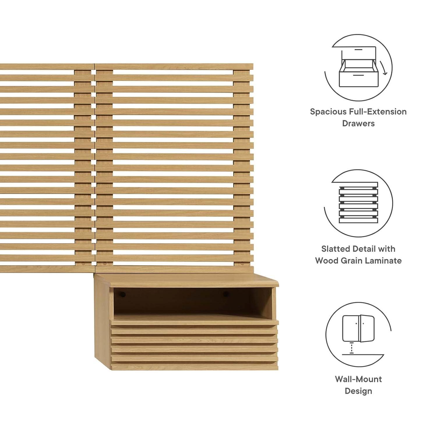 Modway Render Wall Mount King Headboard and Modern Nightstands in Oak