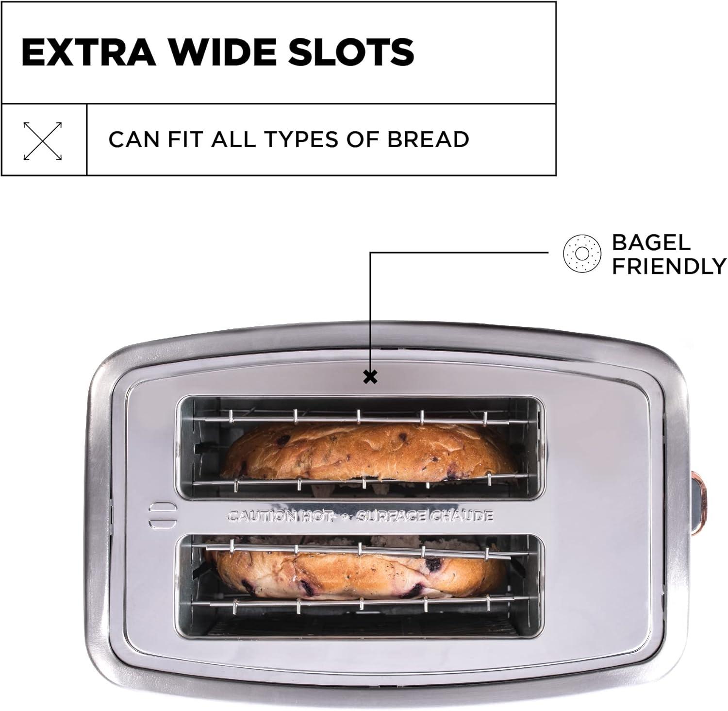 Crux 2 Slice Stainless Steel Toaster, Extra Wide Slots, Quick & Precise 6-Setting Shade Control, Reheat, Bagel and Gluten Free Function, Slide-Out Crumb Tray for Easy Clean Up, Silver/Copper Accents