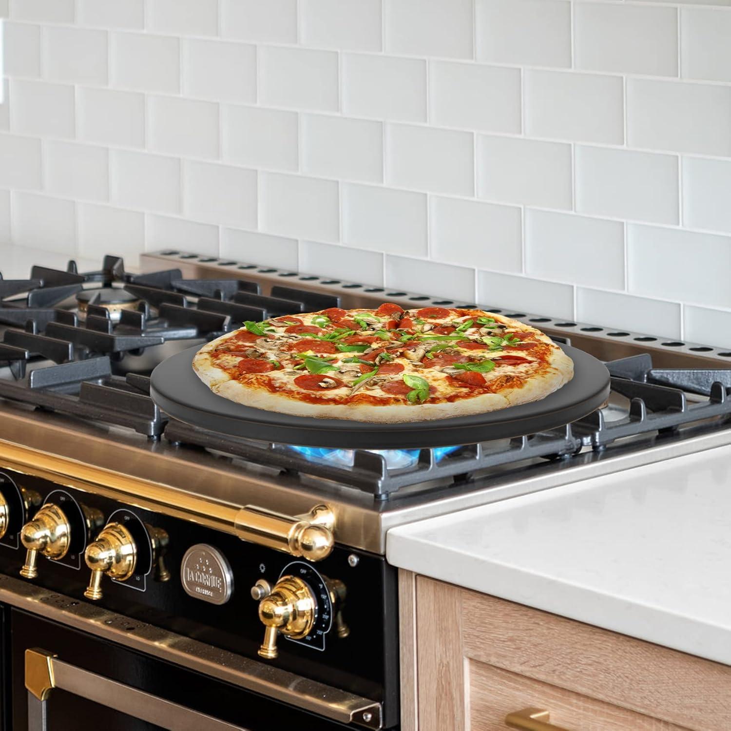 LIFETIME FLOORING LLC Round Pizza Grilling Stone For Oven, BBQ And Grill - 15” Non-Stick Black Ceramic Baking Stone For Pies, Pastry Bread, Calzone - Home Kitchen Accessories